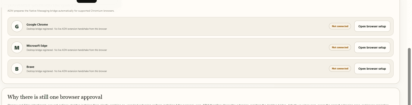 Real ADM browser connection status screen